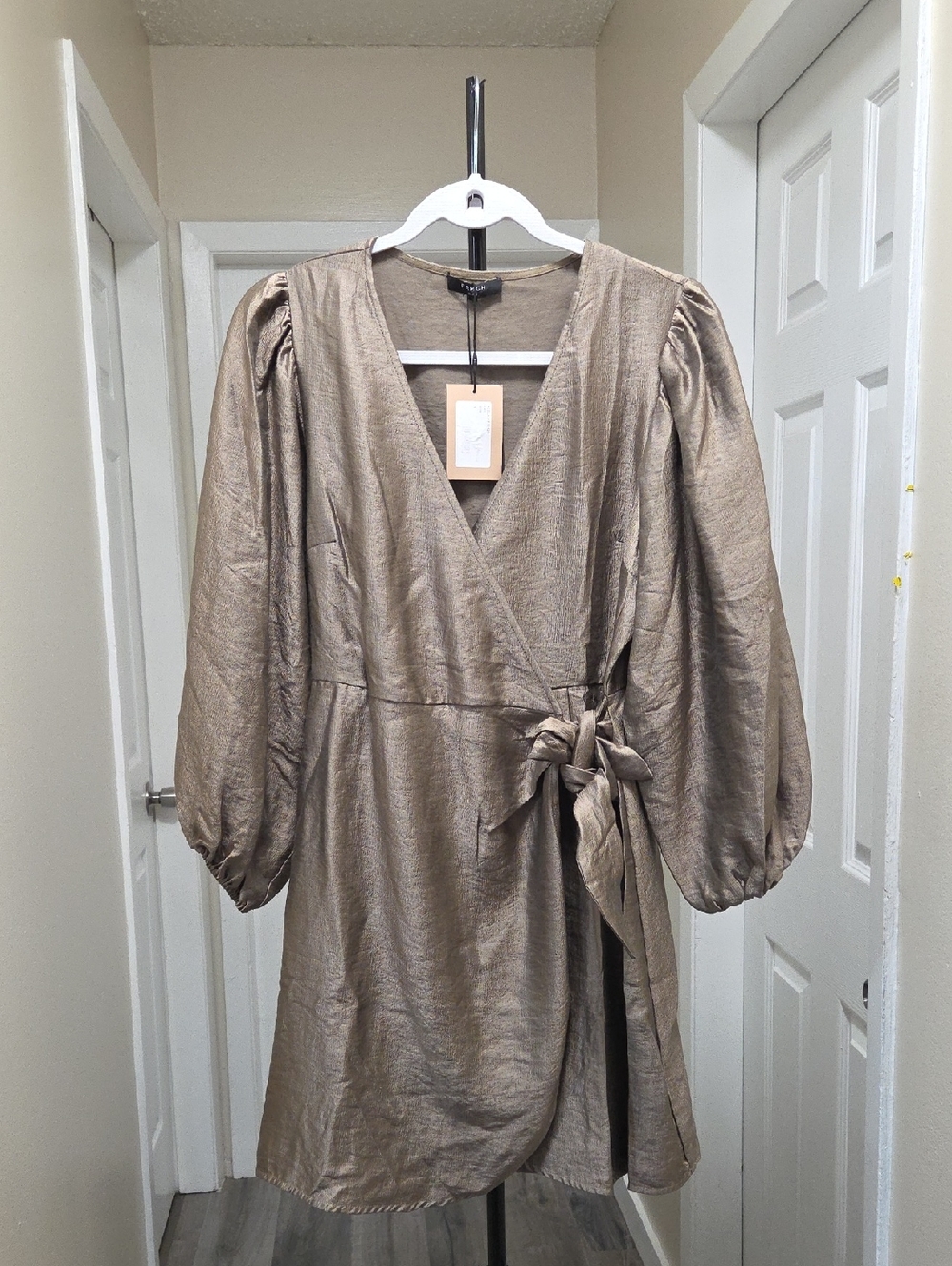 NWT FRNCH Metallic Taupe Long Sleeve Wrap Dress with Puff Sleeves
